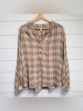 Free People Plaid Henley Top XS Boho Oversized Balloon Sleeve Flowy Boxy Blouse